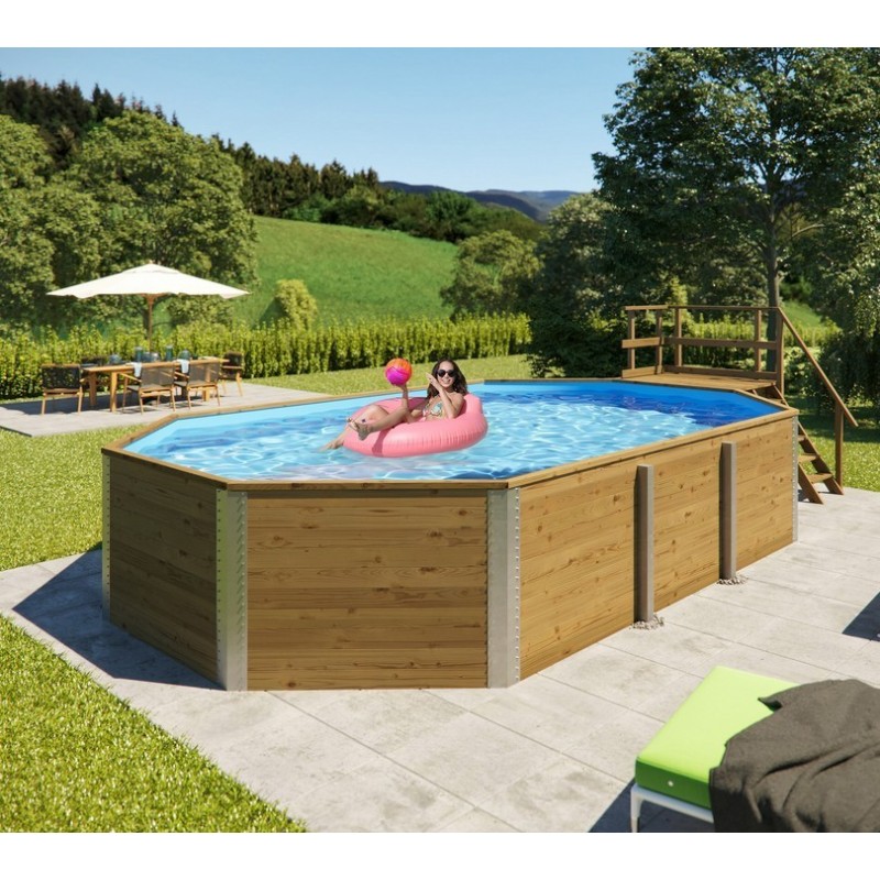 Piscina ottagonale in legno Milos Weka 714 x 376 H116cm con sala tecnica e scala