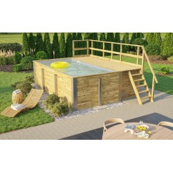 Piscine Bois rectangle 490 x 315 H116cm Fira Weka avec Terrasse et Liner gris clair