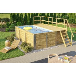 Piscina rettangolare in legno 490 x 315 H116 Fira Weka con terrazza e fodera a mosaico blu