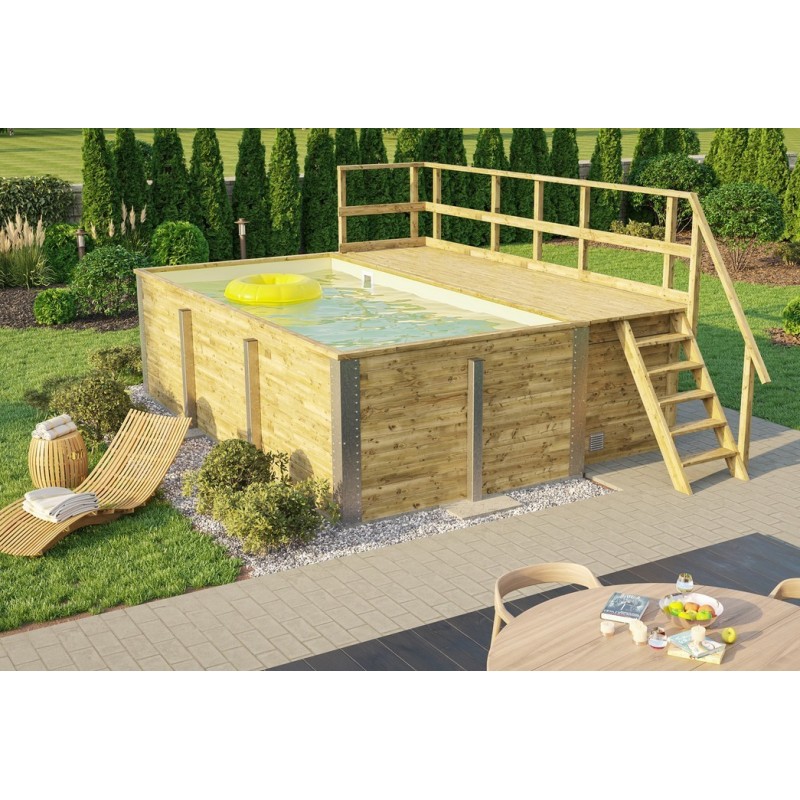 Rechteckiges Holzbecken 490 x 315 H116 cm Fira Weka mit Terrasse und Sandfolie