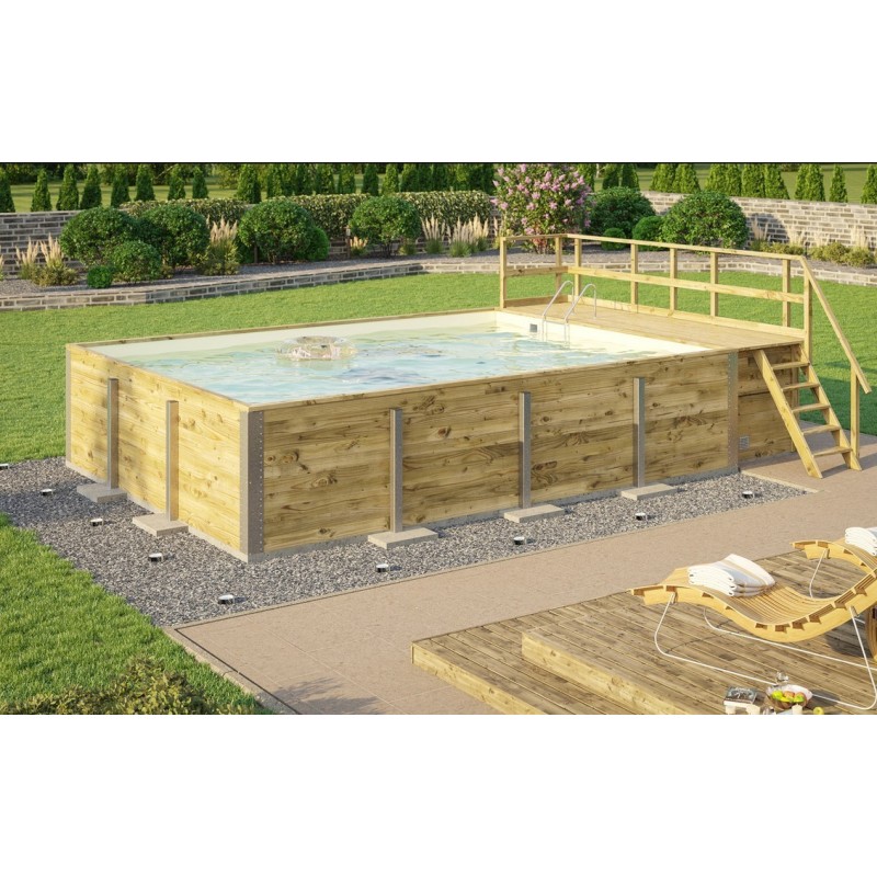 Piscina rectangular de madera 650 x 490 H116cm Naxos Weka con terraza y forro de arena