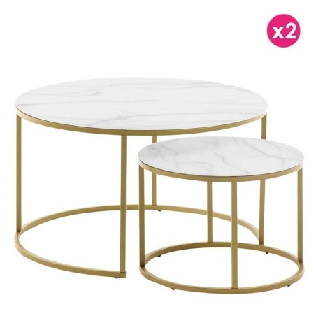 Ensemble de 2 tables basse ronde 80 et 50 Verre blanc et acier doré KosyForm