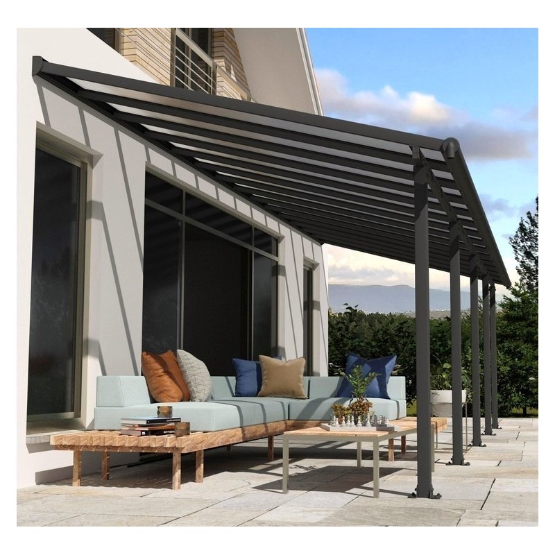 Pergola adossée Olympia 3x8.60m aluminium gris et polycarbonate Canopia