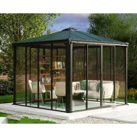 Ledro 3X3 geschlossener Gartenpavillon mit grauer Aluminiumstruktur und transparenten Paneelen